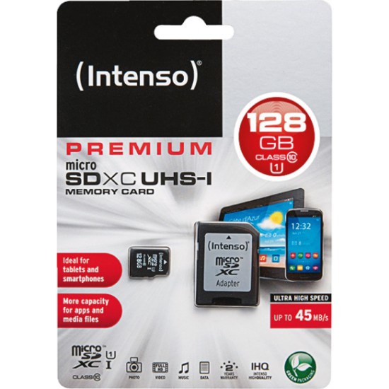 Intenso microSDXC Cards 128GB C10 UHS-I Premium with Adapter